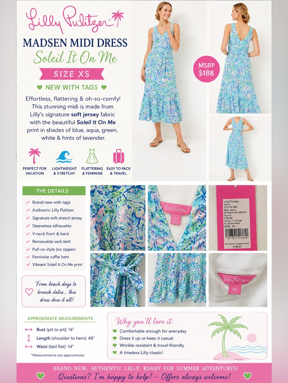 NWT Lilly Pulitzer Madsen Midi Dress XS Soleil It On Me Resort Vacation Summer